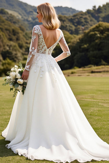 Manches longues lvory A Line Dentelle Applique Robe de mariée